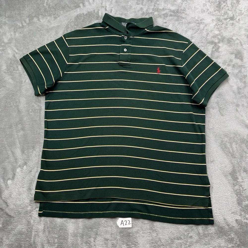 Vintage Ralph Lauren Custom Fit Polo Shirt Green Striped Short Sleeve Size XL